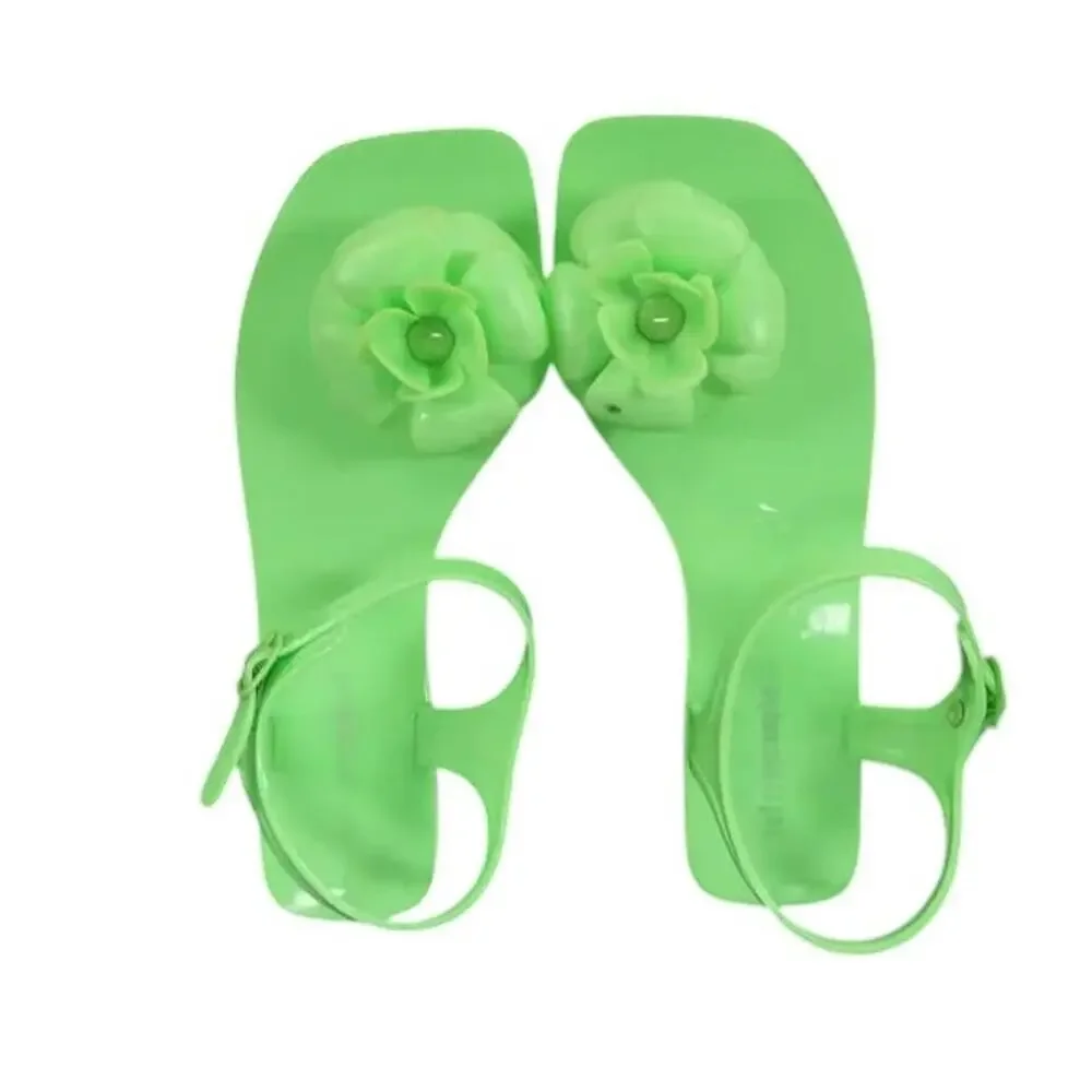 Jeffrey Campbell Shoes Womens 6 Sandal Jelly Flat Flower Thong Ankle Strap Green